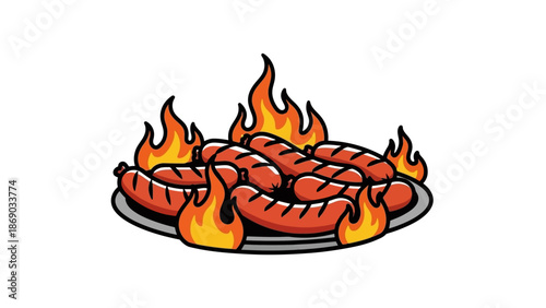 Grilled Sausages on a Plate with Flames.