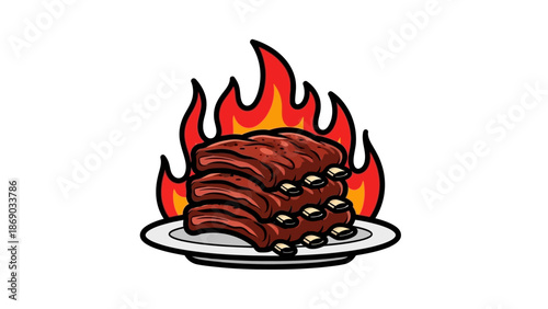 Grilled Ribs on Plate with Flames.