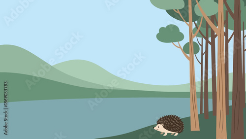 Hedgehog resting on grassy lake shore.