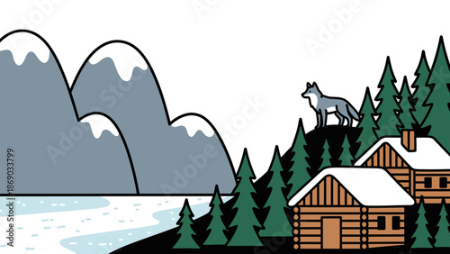 Log Cabin House in Forest with Wolf.