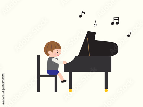 ピアノを弾く男の子と音符