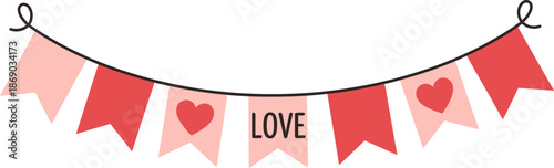 A festive banner with pink and red pennant flags, some decorated with hearts and one spelling out the word 'LOVE'.