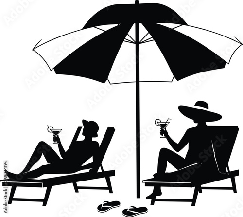 Silhouette of two people relaxing on beach chairs under umbrella with cocktails, vacation leisure concept for summer and resort themes.