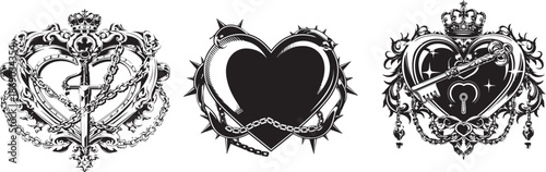 Elegant Emblems of Love and Affection: A set of intricate emblems, featuring hearts entwined with crowns, chains, and symbolic motifs, conveys themes of love, loyalty, and protection.