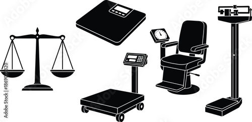 Medical and Industrial Scale Silhouette Vector Set Including Digital Weighing Scales and Examination Chair, Measurement Equipment Collection Isolated on White Background