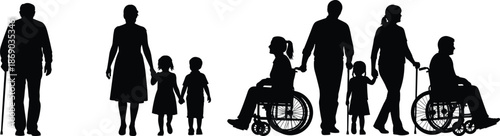 Inclusive community silhouette with diverse people, disabilities, children, elderly, and wheelchair users for education, branding, or awareness themes