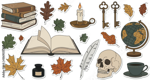 Vintage stickers of books, leaves, and antique items on gray background