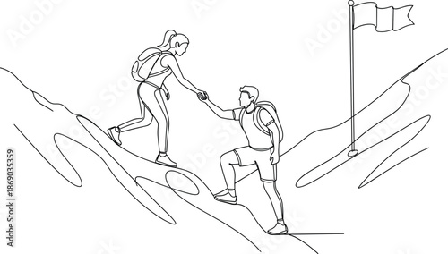 Line drawing of two hikers helping each other climb mountain slope with flag at summit, symbolizing teamwork and achievement outdoors