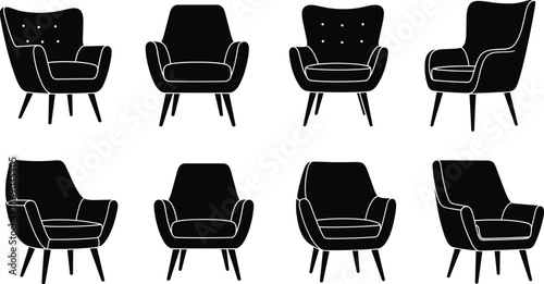 Set of eight black armchair silhouettes showcasing diverse mid-century modern furniture styles and design variations on white background
