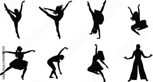 Set of female dancer silhouettes vector black figures performing ballet and contemporary dance moves isolated on white background