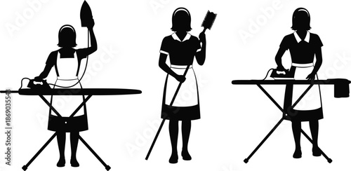 Set of Female Housekeeper Silhouettes Ironing Clothes and Holding a Cleaning Brush for Domestic Service Hotel Housekeeping and Laundry Concepts