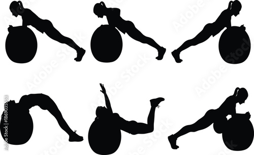 Set of Female Silhouettes Performing Various Fitness and Pilates Exercises with a Stability Ball for Gym Training Health and Wellness Concepts