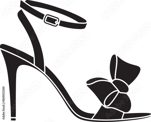 Black silhouette of elegant women high heel sandal with ankle strap and decorative bow