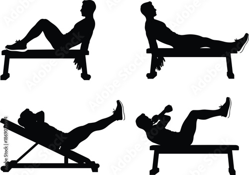 Set of Four Black Silhouettes of Men Performing Abdominal Crunches and Leg Raises on a Gym Bench for Fitness and Core Training