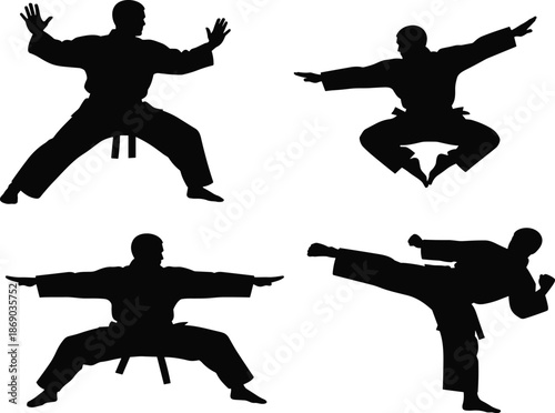 Set of martial arts silhouettes featuring karate fighters in action poses vector illustration isolated on white background