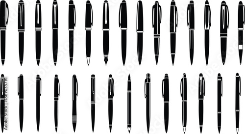 Set of pen and pencil silhouettes writing instrument collection vector illustration isolated on white background.