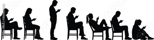 Set of silhouettes featuring people sitting and standing while using smartphones for social media, technology addiction, and digital communication concepts.