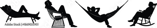 Set of Silhouettes Featuring People Relaxing in a Hammock Lounger Rocking Chair and Designer Chair for Leisure and Comfort Concepts Illustration