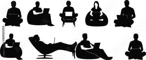 Set of silhouettes featuring people working on laptops while sitting in bean bags and lounge chairs for remote work and freelance concepts.