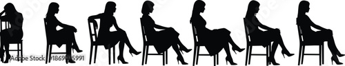 Set of silhouettes featuring women in various sitting poses on chairs for interior design and waiting room concepts.