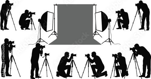 Silhouette photographers in studio setup with softbox lights, tripod cameras, and backdrop scene for professional photography vector illustration