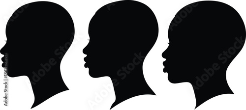 Set of Three Black Female Head Profile Silhouettes Representing Natural Beauty and African American Woman Identity for Beauty and Fashion Concepts