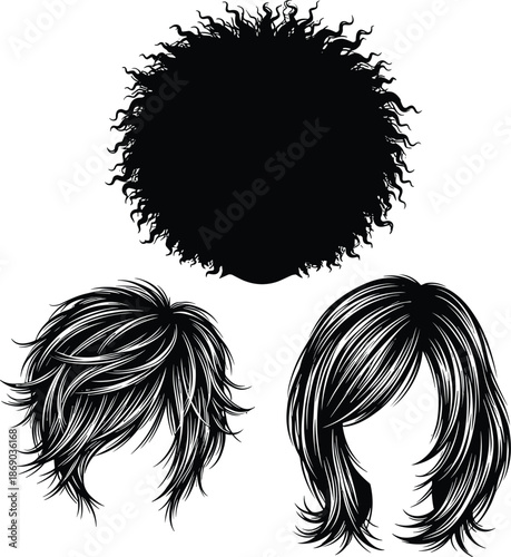 Set Of Trendy Female Hairstyle Silhouettes Featuring Curly Afro Messy Pixie Cut And Straight Bob Vector Illustration