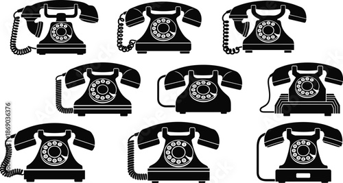 Set of Vintage Rotary Telephone Silhouettes Vector Illustration of Classic Landline Phones