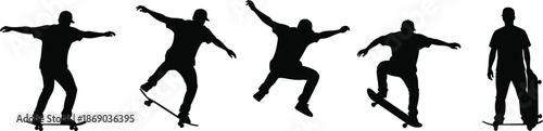 Silhouette sequence of skateboard trick showing ollie progression, capturing dynamic motion, technique, and skateboarding action themes.