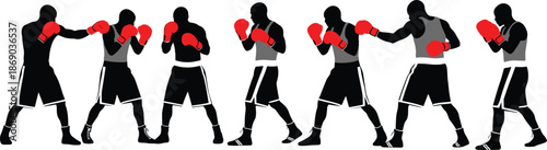   
Silhouetted boxers in dynamic stances wearing gloves, showcasing motion, technique, strength, athleticism, combat sport, and discipline.