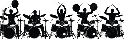 Silhouette Collection of Five Professional Drummers Performing Dynamic Percussion Solos with Full Drum Kits for Concert Promotions and Musical Performance Design