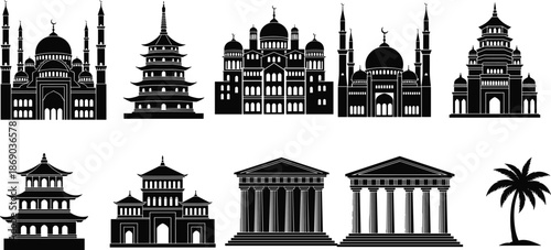 Silhouette Collection of Global Architectural Structures Including Mosques, Pagodas, Classical Buildings, and Palm Tree for Cultural Design Themes