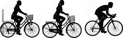 Silhouette illustration of three cyclists on different bikes, symbolizing commuting, performance riding, and urban mobility.