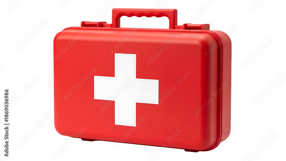 Obraz premium Red First Aid Kit With White Cross Design for Emergency Care Preparation and Safety, isolated on white or transparent background. PNG