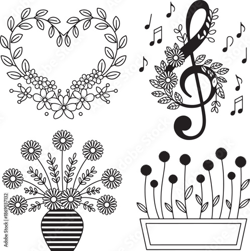 Four black designs including heart wreath musical treble clef flowers and potted plants