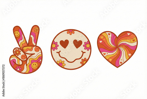 Retro Groovy Sticker Set with Psychedelic Peace Sign, Heart-Eyes Smiley Face, and Wavy Swirl Heart