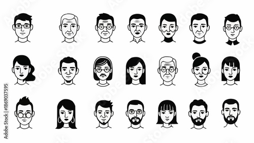 Diverse Collection of Hand Drawn Human Faces in a Grid.