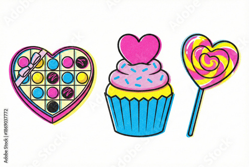 Valentine's Day sweets set featuring heart chocolate box, cupcake, and lollipop in pop art style