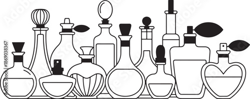 Perfume bottles collection in line art style for beauty and fragrance products