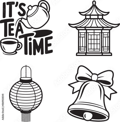 Set of four black line art icons related to tea time architecture and celebrations
