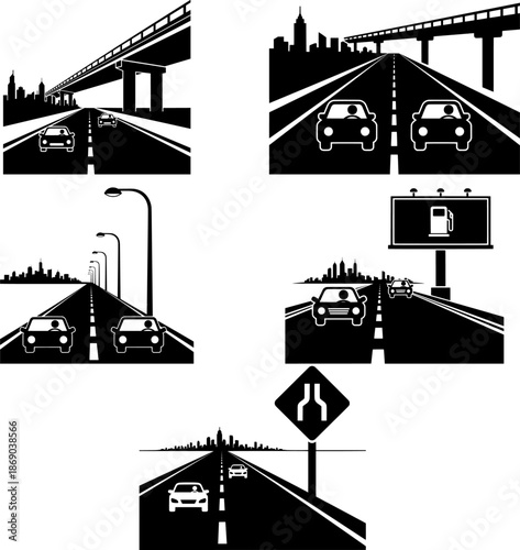 Modern Highway with Overpass Bridge and City Skyline Silhouette Set
