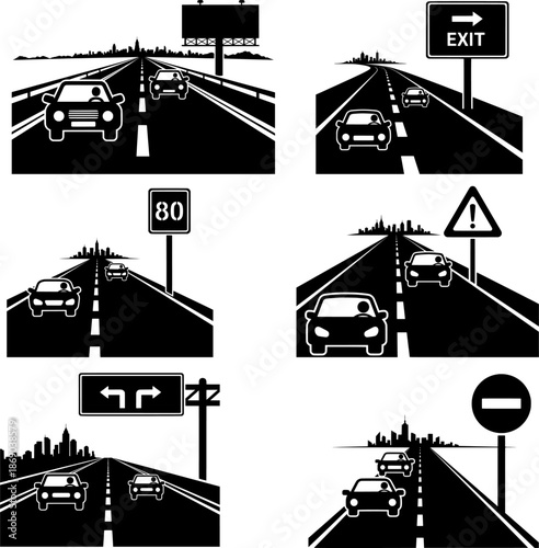 Highway Road with Traffic Signs and City Skyline Silhouette Illustration