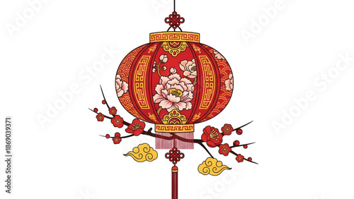 Vector illustration of Chinese New Year lantern with floral ornaments and classic Chinese patterns