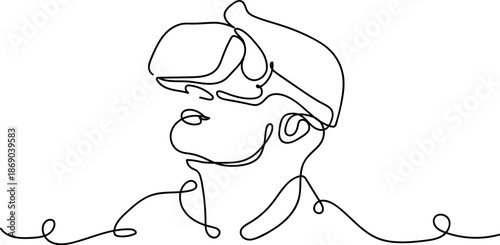 Continuous one-line drawing of a man wearing glasses and using a virtual reality device, representing Gen Z digital lifestyle.