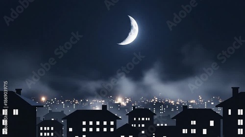 Crescent Moon Over Urban Rooftops at Night with Cinematic Sky