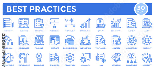Best practices icon collection. Containing standard, procedure, efficiency, Management, quality, performance, improvement, training icon. Simple blue vector illustration.