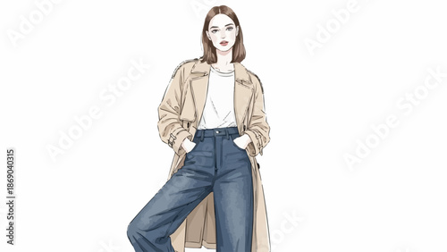 Fashion illustration of a woman wearing a trench coat and jeans.