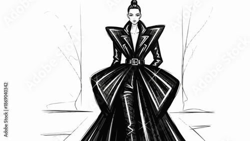 Fashion illustration of a woman wearing an elegant black gown with a dramatic silhouette.