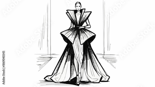 Fashion illustration of a woman wearing an elegant haute couture gown with a dramatic silhouette.