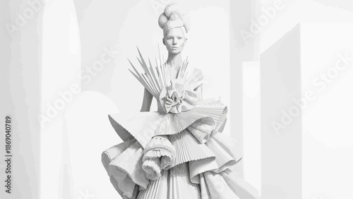 Elegant White Sculpture of a Woman in a Dramatic Gown Holding Flowers.